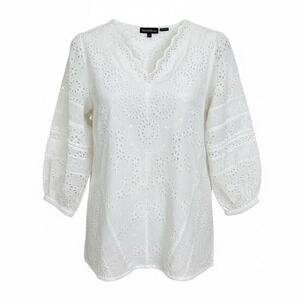 Tolani Collection White Cotton Eyelet Floral Tunic V-Neck Balloon Sleeve Small